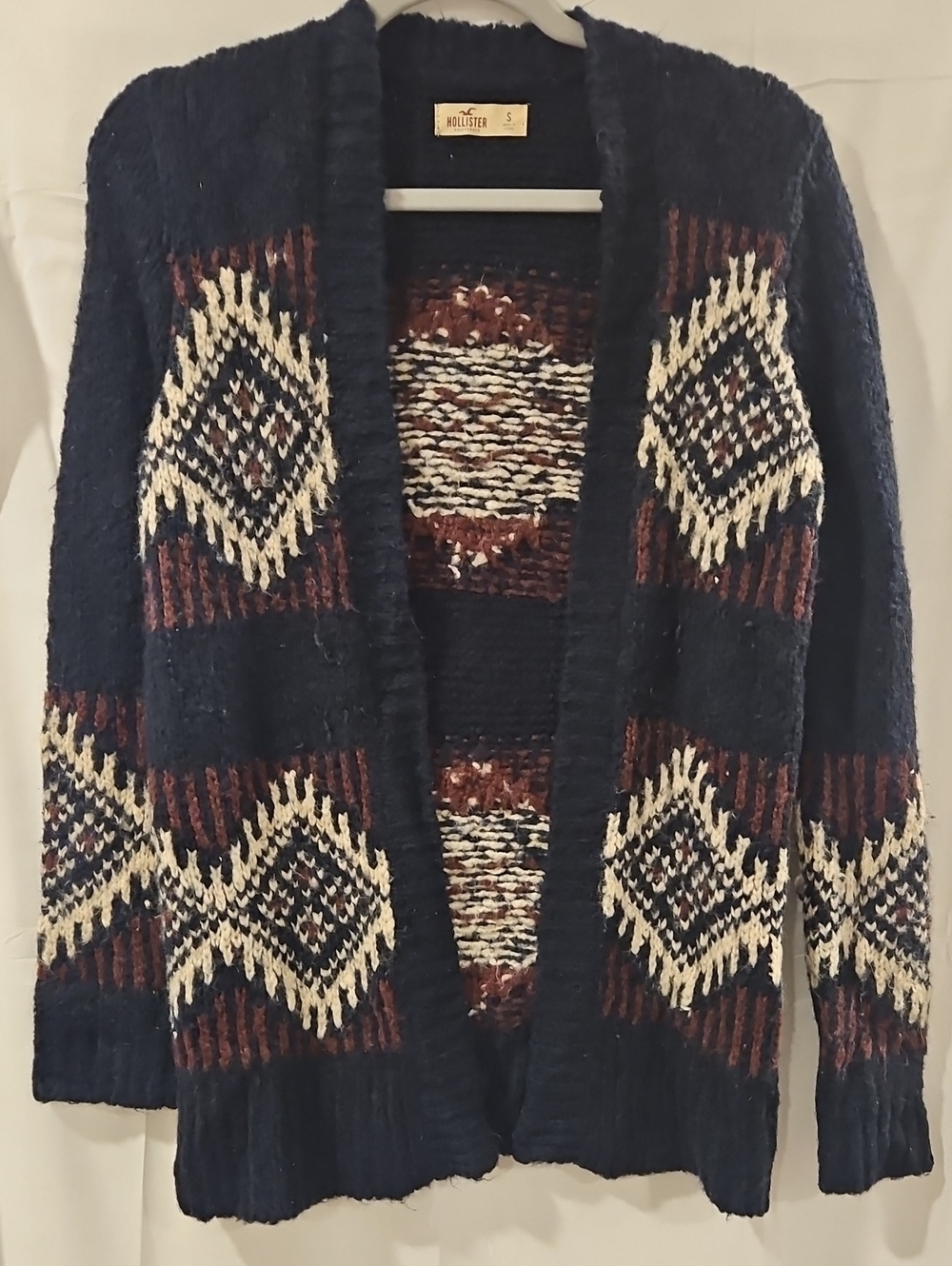 Hollister Navy Brown Cream Geometric Open-Front Cardigan